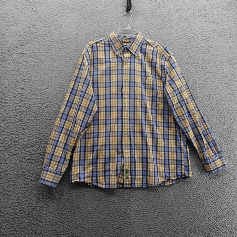Orvis Mens Button‎ Down Shirt Size Large Blue Yellow Plaid Long Sleeve Collared